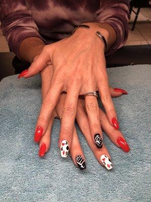 Casino nails acrylic with gel polish hand painted by Nancy J Brooks