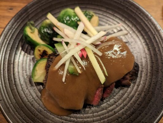 Mushroom rubbed hanger steak with brussel sprouts, Rhode Island greening apples, and winter daikon