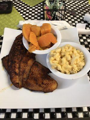 Blackened catfish, yams and mac n cheese meal