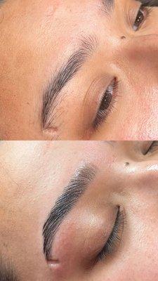 Before Brow lamination & tint vs. After Brow lamination & tint.