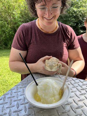 Pineapple shave ice with pineapple puree and condensed milk