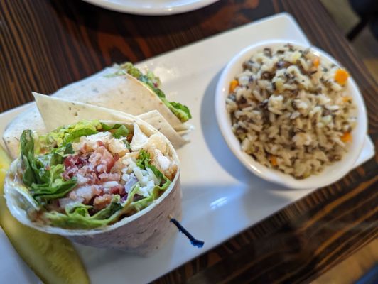 BBQ chicken and bacon wrap with garlic rice