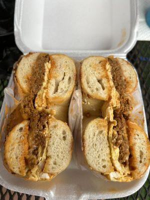 El chorizo on an everything bagel cut in half