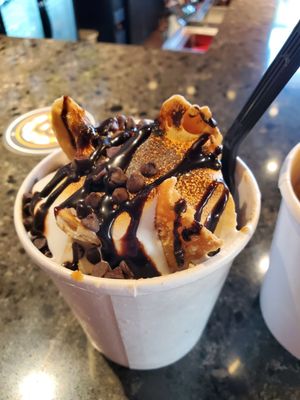 Canolli ice cream.  Burnt marshmallow, chocolate drizzle and chips on top.