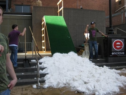 Bills for Spills rail jam in downtown New Haven to raise funds for Heal & Chill (setting up the rail)