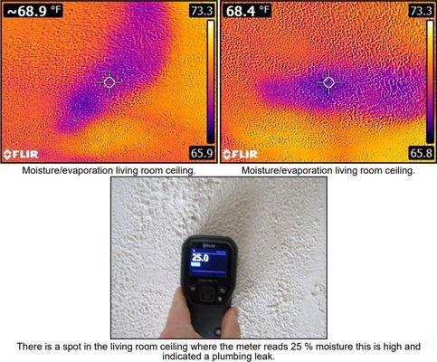 A thermal camera shows a plumbing leak in a ceiling. Leak was confirmed with a moisture meter.