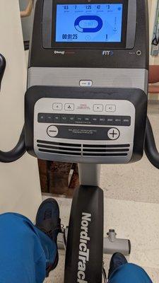 Exercise bike. Usual program is 5 to 10 minutes of moderate pedaling.