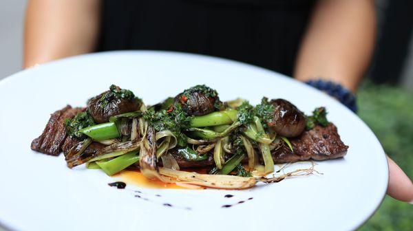 Skirt Steak with Balsamic Roasted Cipollini Onion and Charred Scallions