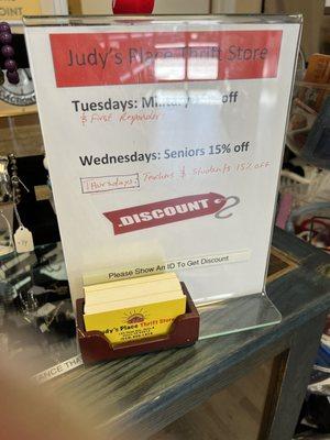 Tuesday, Wednesday and Thursday discounts!