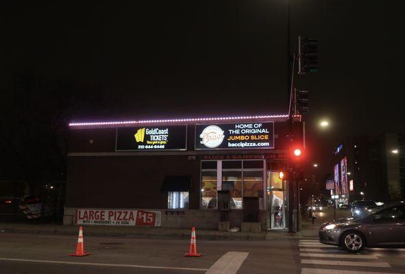 Corner storefront view, and kiddie corner to United Center (also in view).