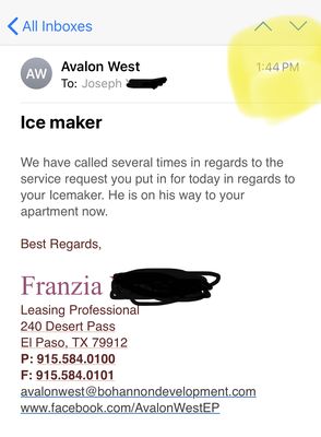 At 1:44pm she's claiming they called me "several times" and telling me workers are coming now. Appt was never made & there were no "calls"