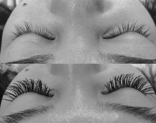 Full mink set individual eyelash extensions. Top: before. Bottom: after.