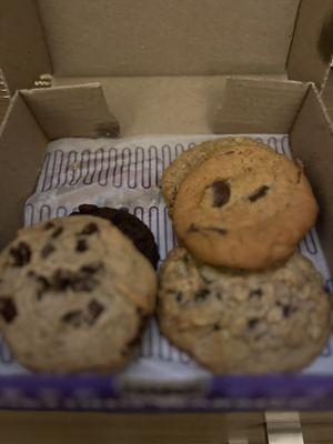 The two on the left: Vegan Chocolate Chunk Vegan Double Chocolate Chunk  Right: Oatmeal Raisin Chocolate chip