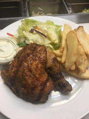 Roasted Chicken with house salad, french fries and house ranch dressing.