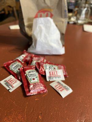 Small fries with SIX ketchup packets and THREE salt packets. Isn't this overkill? Emphasis on "kill."