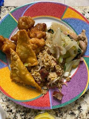 Special fried rice, honey chicken, chicken chow mein & krab rangoons