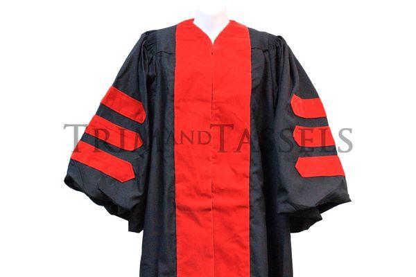 Doctoral Gowns with Red, Black or PHD blue velvet in stock. Custom velvet color gowns available