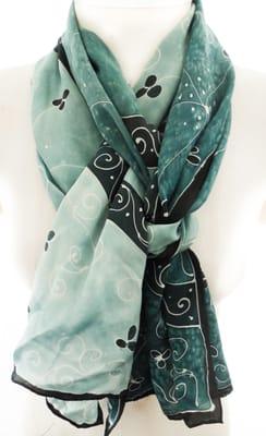 Hand painted silk scarf - teal whirligigs