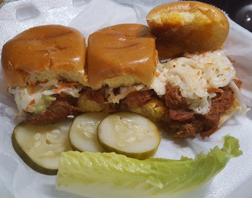 BBQ Pulled Pork Sliders - actually very good, I enjoyed them (especially after I toasted them . .. )!