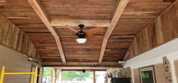 Reclaimed wood patio cover ceiling