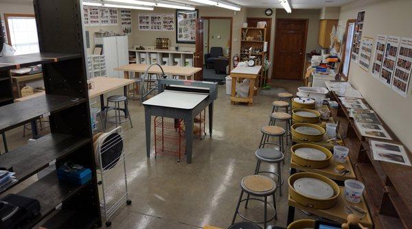 7 pottery wheels, tools, slab roller, glazing station, work tables & ware racks plus bisque and glaze firings.