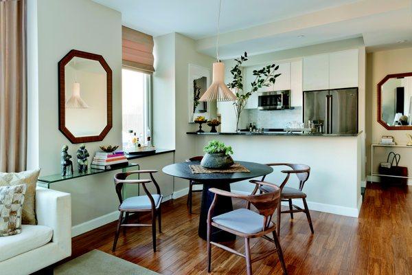 The kitchen dining area in a luxury NYC apartment at Hawthorn Park in Upper West Side Manhattan