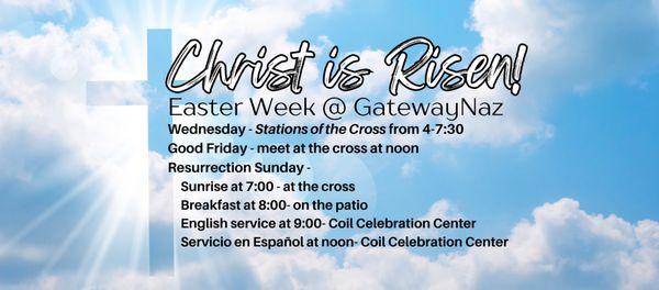 Easter Service times are different. 9:00 instead of 10:00 on this special day.