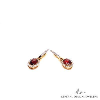 Diamond Studded 14k Yellow Gold Oval Garnet Earrings