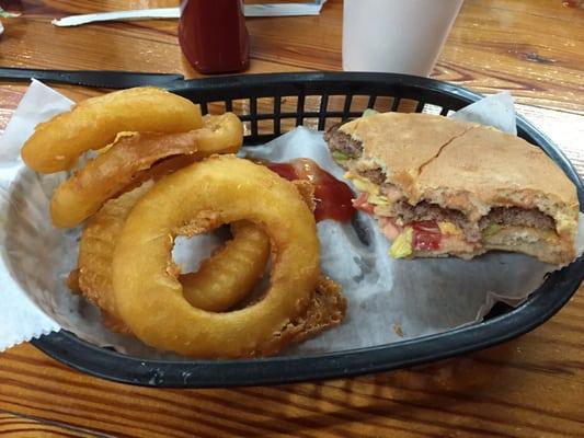 Bonanza burger and onion rings