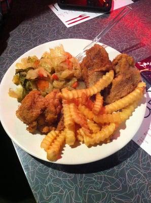 Fried chicken wings and Jamaican cabbage with fries (4/23/13)