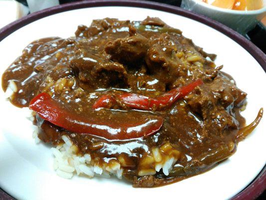 Peppered steak over rice