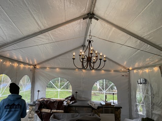 15x20 patio tent with chandelier lighting