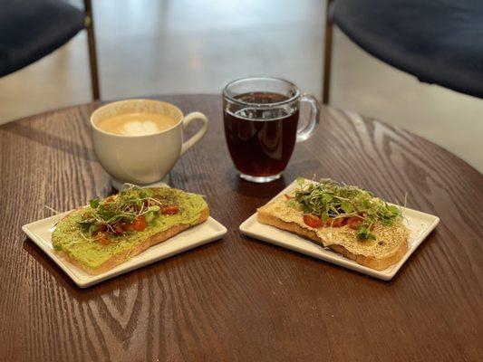 Hummus toast. Avo toast, black drip and latte.