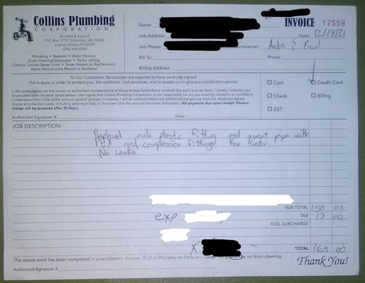 Letter from BBB dated 04/05/2022 States Collins Plumbing has refused to respond. They recommend taking legal action.