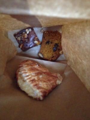 To go goodies - apple turnover, candied walnut brownie, pumpkin raisin bread.