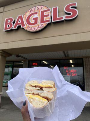 Bacon and egg on a garlic bagel