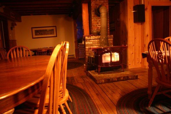 Dining room with a warm fire going