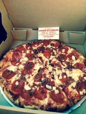 Pepperoni, Bacon, and Onion. Bobby B.'s has got it going on, baby!!!