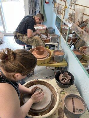 pottery on the wheel or hand building classes, individual instruction, firing, and kiln repair services.