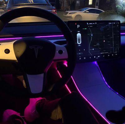 Custom auto lighting in Tesla Model 3 made with Laser Wire systems.