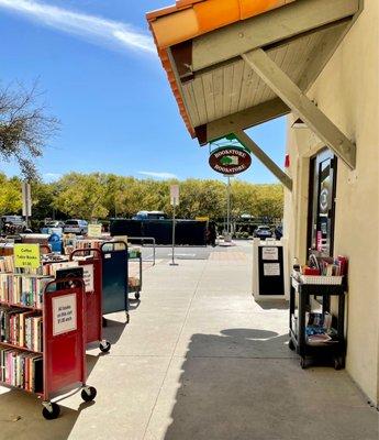 Book carts in front of the bookstore entrance