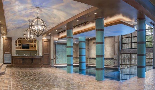 Skies painted on ceilings as well as copper treys surrounding them & above the #indoor pool. #luxuryliving #luxurylifestyle