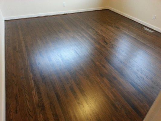 AFTER... Revived 5/16"x 2" Red Oak  floor, stained & finished!