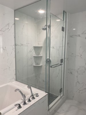 Swinging Shower Door 
 Polished Chrome Hinges and Towel Bar