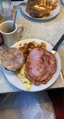 2 eggs, ham, home fries, and English muffin