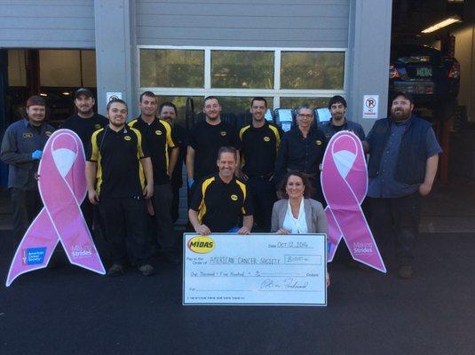 Through the generosity of our customers and Midas, we raised $1500.00 for the Making Strides Against Breast Cancer campaign!!