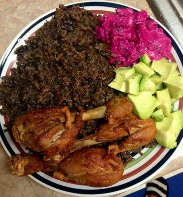 Black rice, fried chicken, Avocado, Mixed Salads.