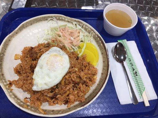 Kim chi fried rice and fish cake and broth on the side!