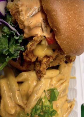 Mushroom Shicken sandwich and side of vegan Mac