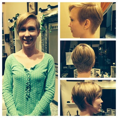 A-semetrical short haircut on fine hair, flattering the curves and angles of the face.